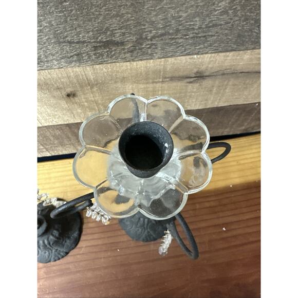 Wrought Iron Scroll Candle Holders Glass Ornate Decorative Prisms Set Of 2 - Picture 8 of 9
